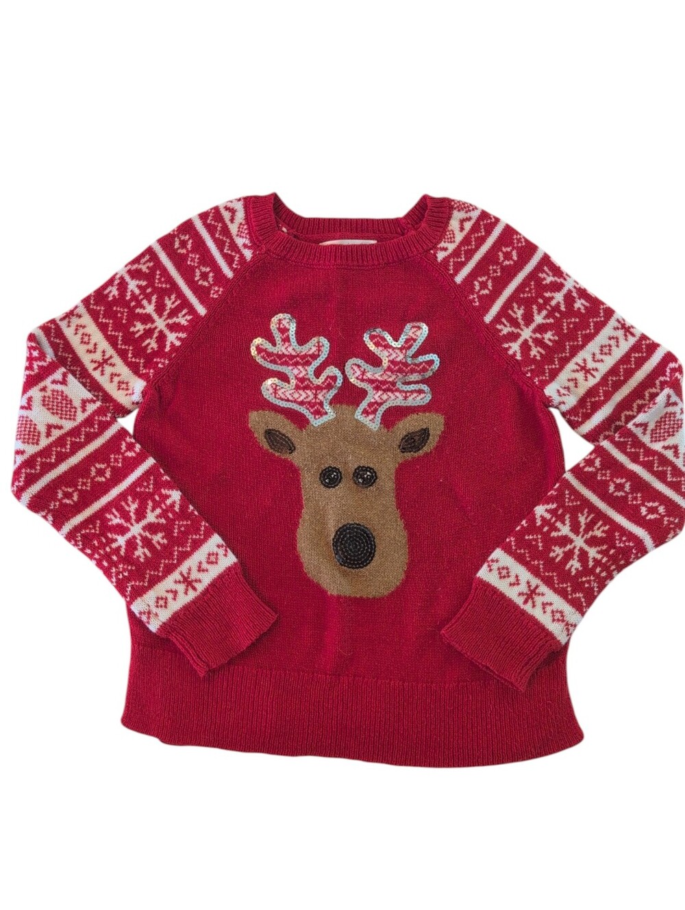 🍁2/$7🍁JUSTICE Red White Brown Reindeer Fair Isle Print Christmas Sweater